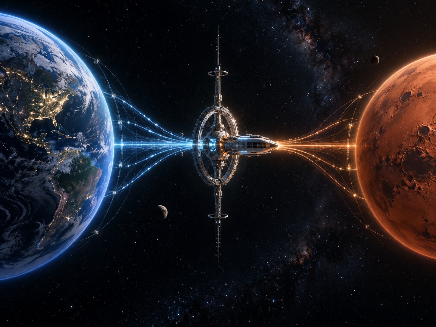 A technological tether extending between Earth and Mars